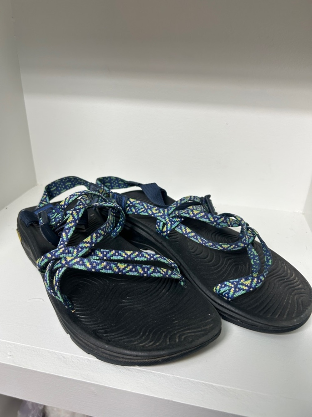Chaco Navy Sandals with Blue-Green Patterned Straps